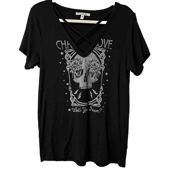 Express One Eleven Womens Skull T Shirt Size XS Criss Cross V Neck Grunge Goth - Picture 1 of 6